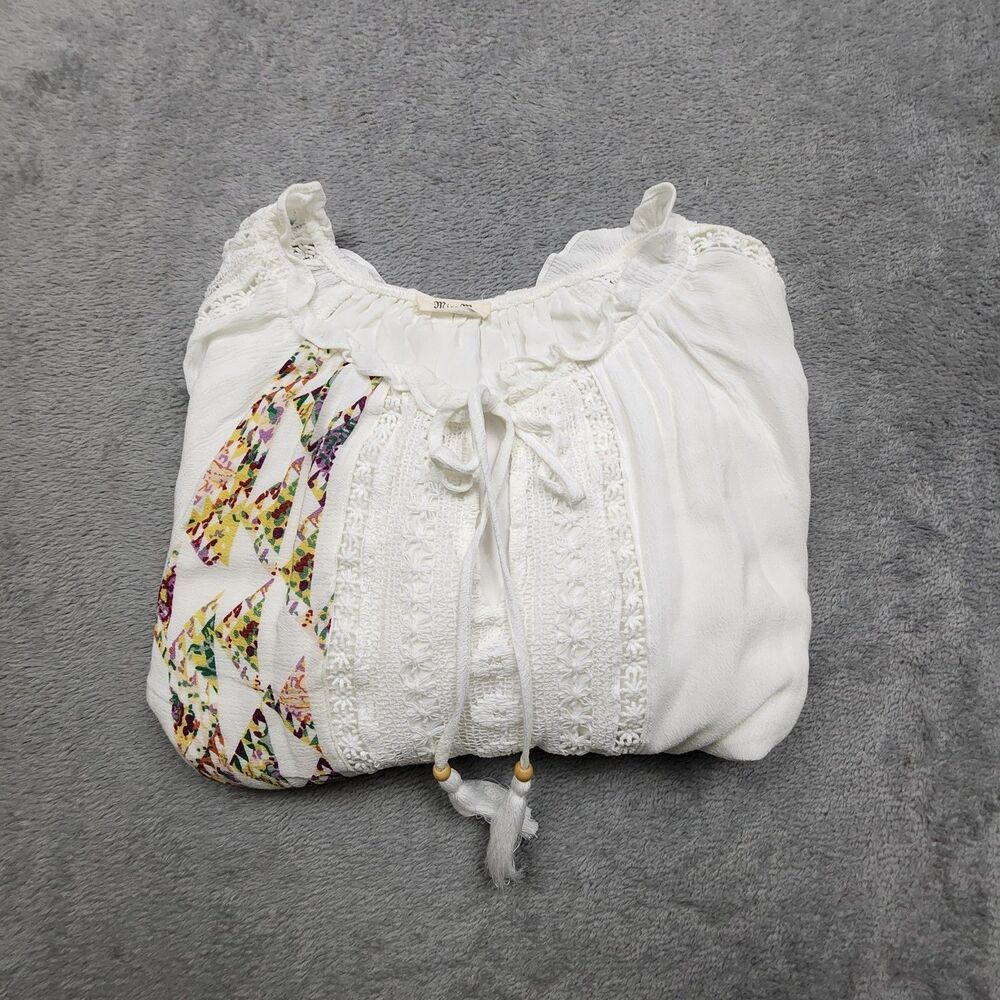 Miss Me Womens M Boho Patchwork Peasant Top White Rayon Lace Crochet Festival